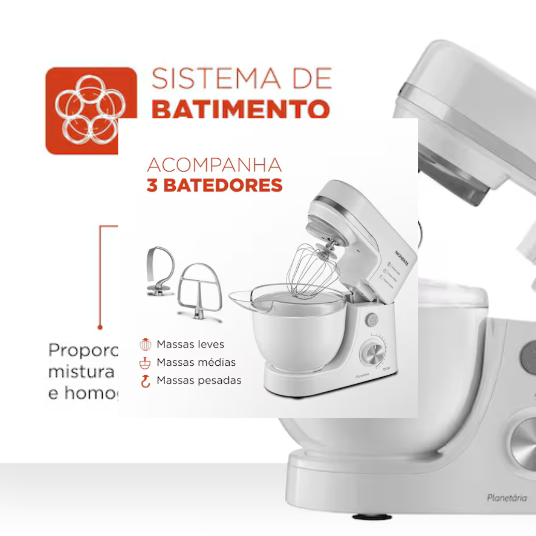 Batedeira Planetária Mondial BP-03W-2B com 12 Velocidades e 700W - Branca - 110V - Imagem 5