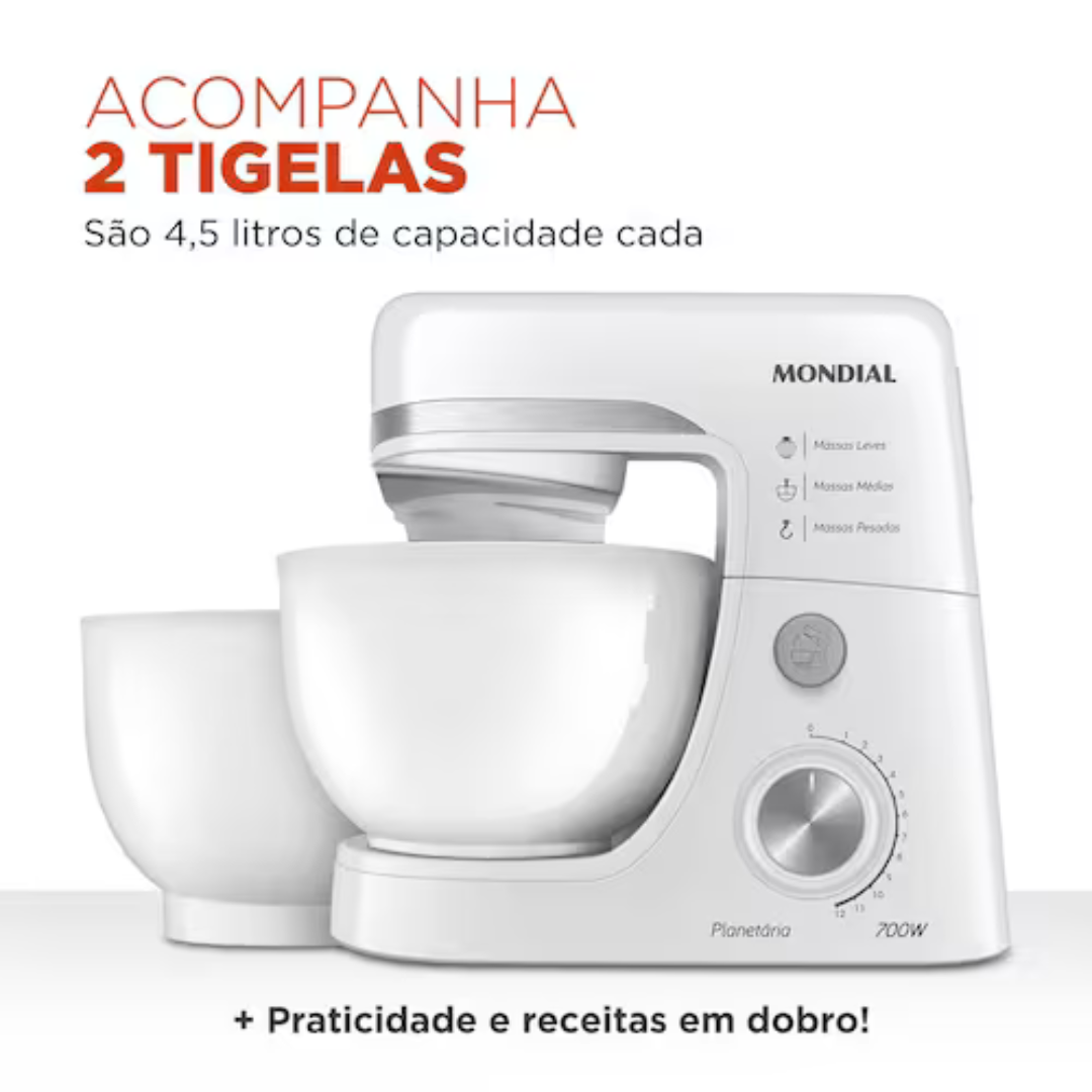 Batedeira Planetária Mondial BP-03W-2B com 12 Velocidades e 700W - Branca - 110V - Imagem 6